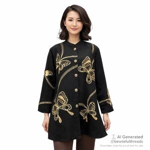 Vintage Allure Black Gold Butterfly Embroidered Art Deco Coat Jacket L